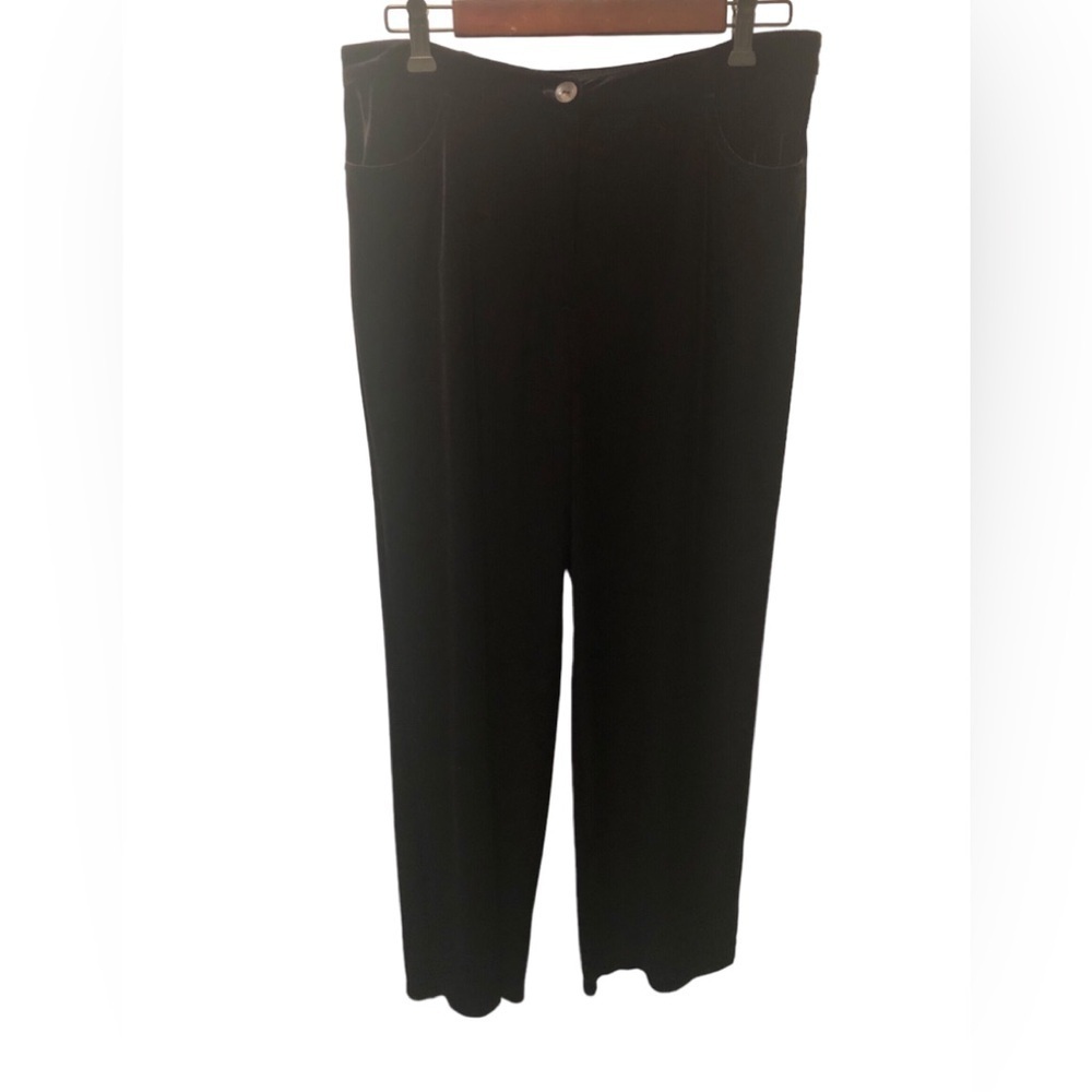 Chico’s Velvet Straight Leg Pant 2/L Black Flat Front Pockets Stretch Holiday
